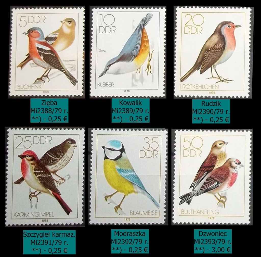 Niemcy (NRD) - Ptaki śpiewające, cz. kpl. z 1979 r.