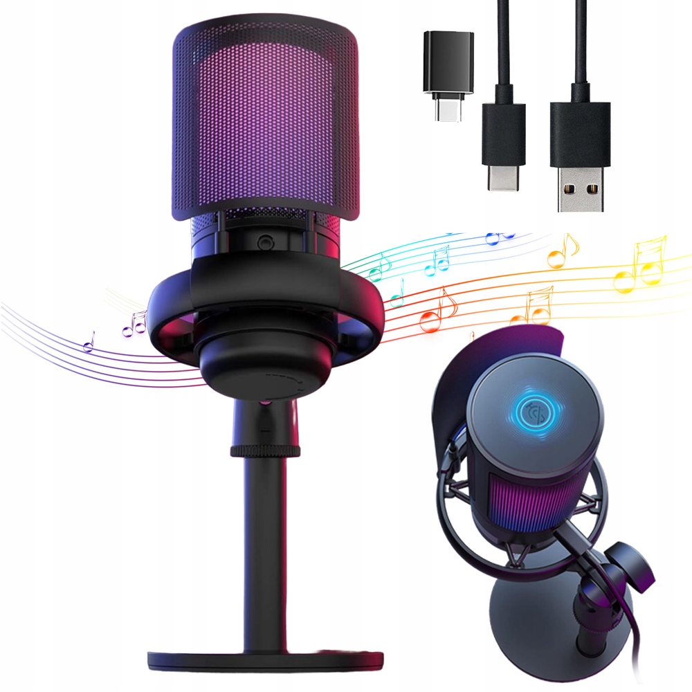 Mikrofon RGB Pojemnościowy Czarny Gamingowy Do Streamingu Podcastów