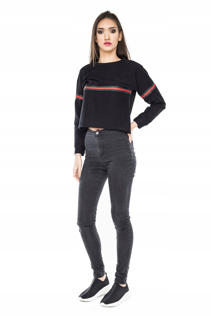 bluza crop t-shirt longsleeve strips paski czarna