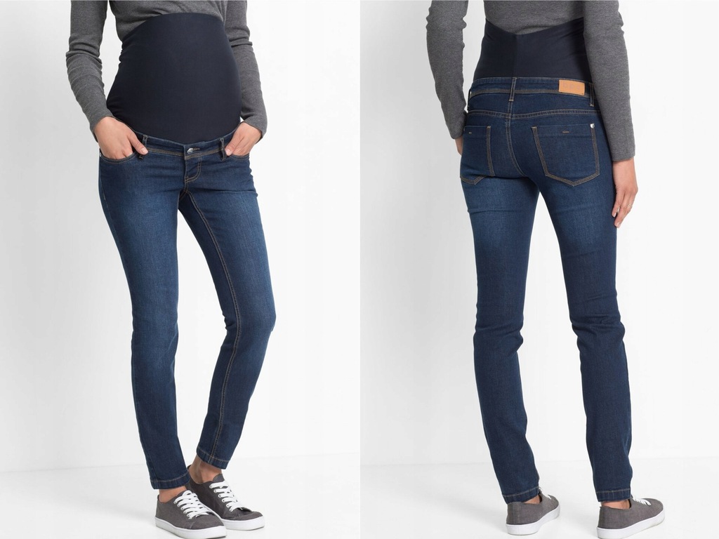 Granatowe spodnie jeansowe rurki pas ciążowy 52