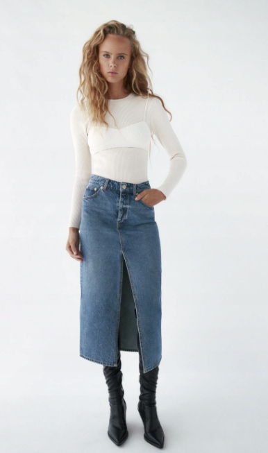 ZARA SPÓDNICA JEANSOWA Z ROZCIĘCIEM MIDI XS HAF
