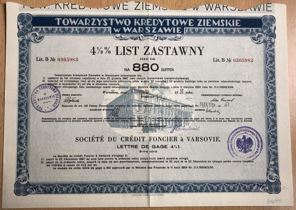 Tow. Kredytowe Ziemskie w Warszawie, list zastawny