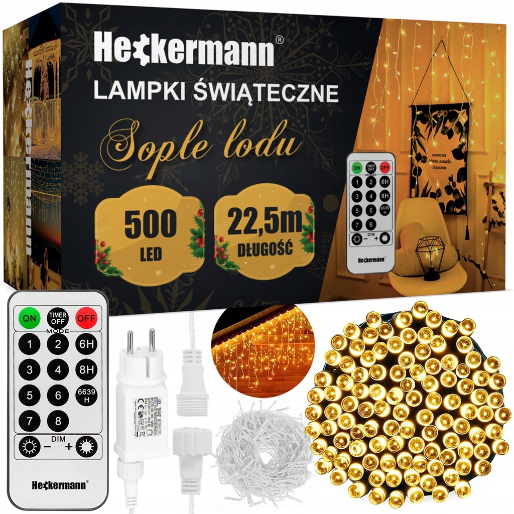 LAMPKI 500 LED ZEWNĘTRZNE ŚWIĄTECZNE SOPLE BIAŁE CIEPŁE IP44 8w1 22,5m