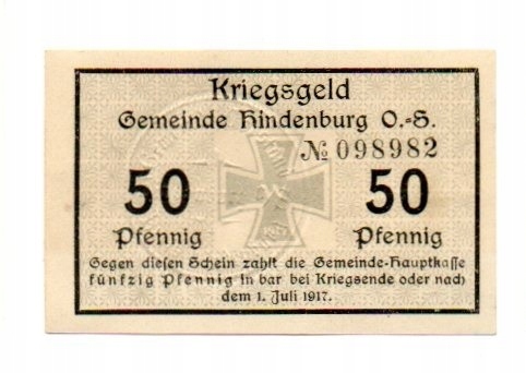 ZABRZE Hindenburg 50 Pfg ważny do 1. Juli 1917.