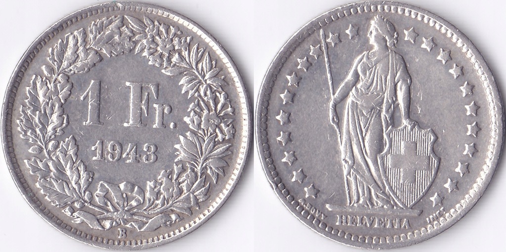 SZWAJCARIA - 1 srebrny frank z 1943 roku. Nr.7.