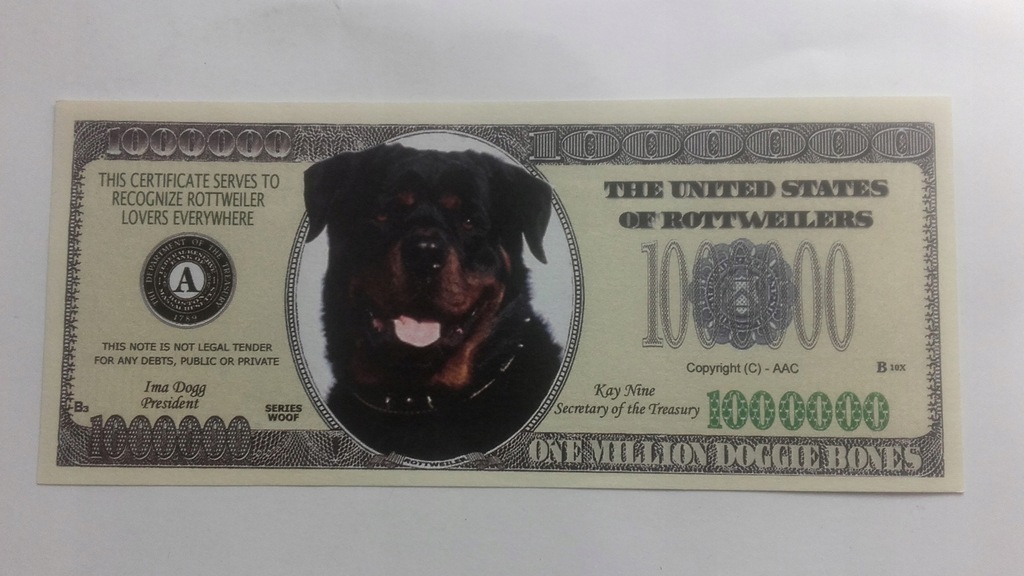 Banknot fantazyjny milion dolarów pies rottweiler.