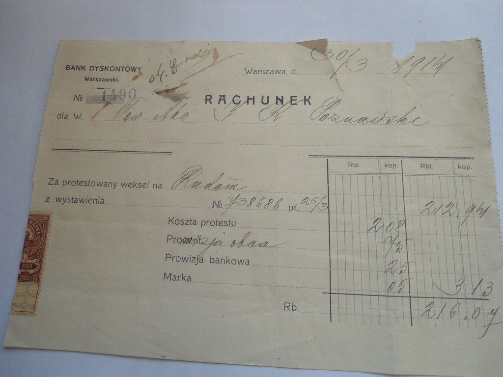 BANK DYSKONTOWY WARSZAWSKI 1914R RACHUNEK