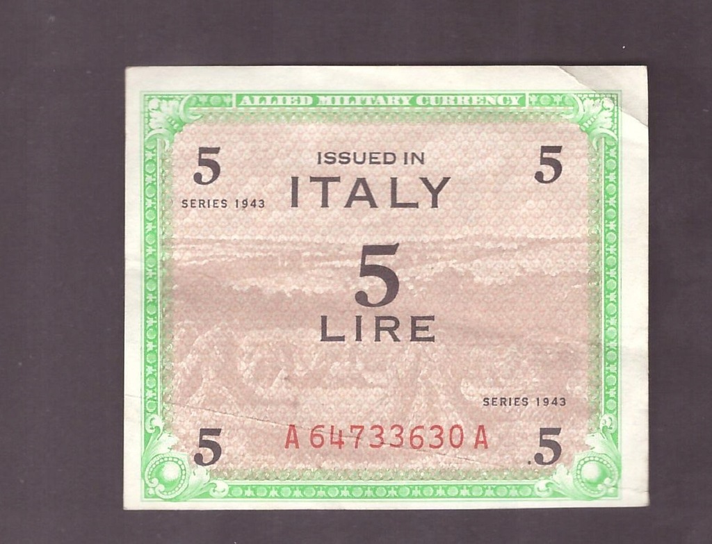 Włochy - alianci - banknot - 5 Lira 1943 rok