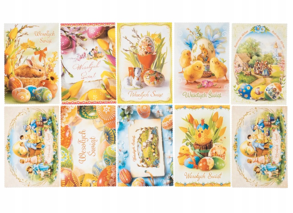 MIX 10szt Kartki Wielkanocne pocztowe z pisankami