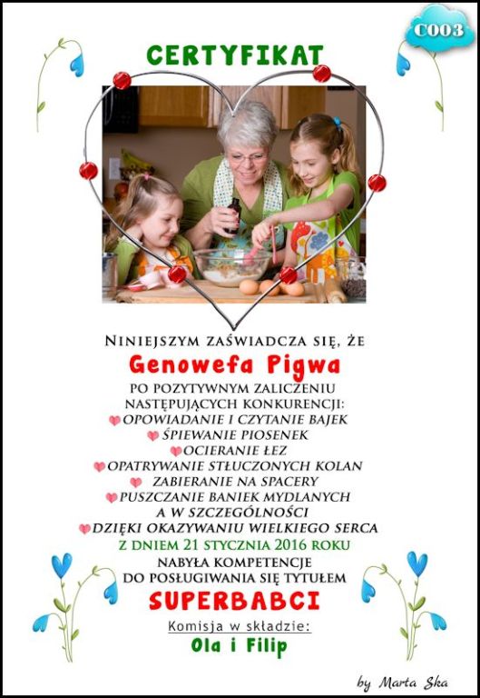 Dzień Babci Dziadka certyfikat  projekt  3 i 4