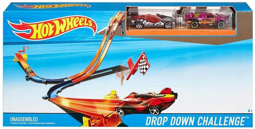 Hot Wheels Podwójny Tor samochodowy Mattel Podwójny zjazd + 2 autka