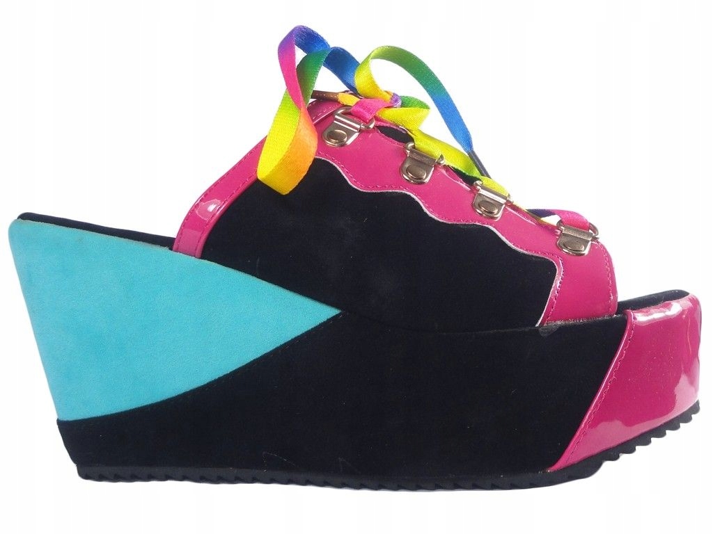 Kolorowe klapki zamszowe płaskie buty koturn 37