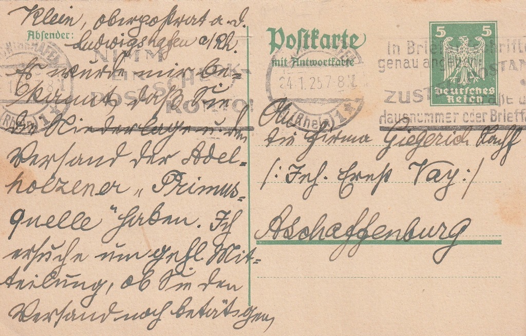 Niemcy Karta Pocztowa 1925 rok