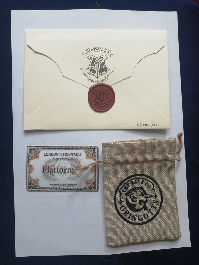 List z Hogwartu + Bilet Peron 9 i 3/4 + Monety