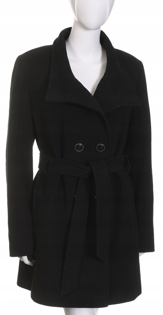 MILO COATS czarny dwurzędowy płaszcz damski z flauszu 80% wełna r. 44