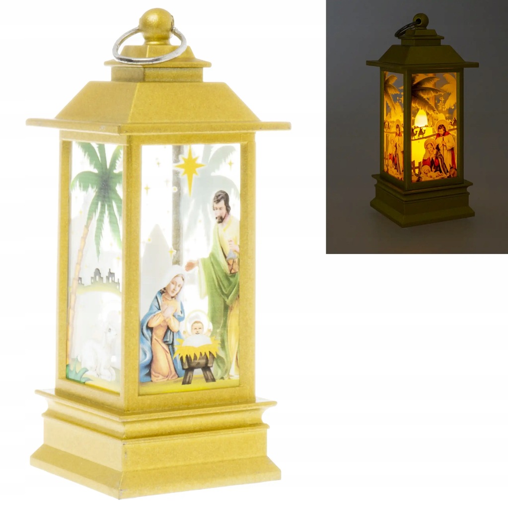 Złoty Lampion na Roraty dla dzieci z szopką świecący LED z bateriami