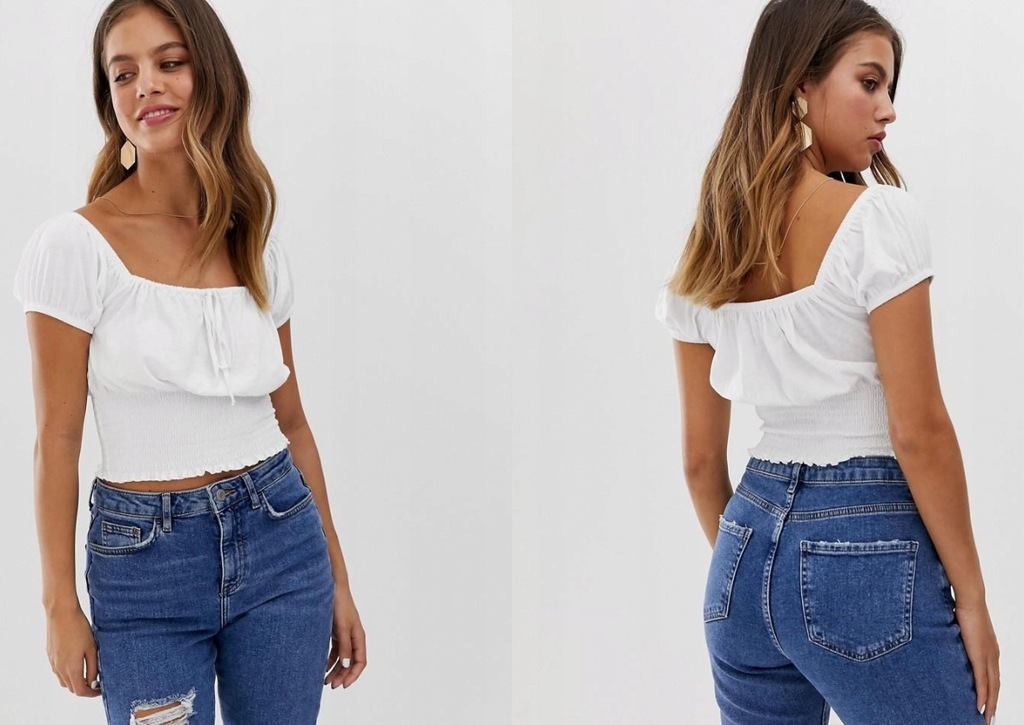 NEW LOOK CROP TOP Z MARSZCZENIAMI KRÓTKI RĘKAW M