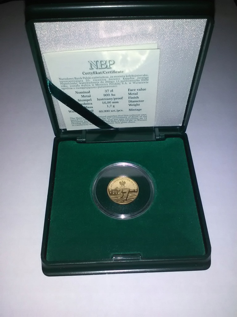Złota Moneta 37 zł Popiełuszko 2009 - 9963816019 - oficjalne