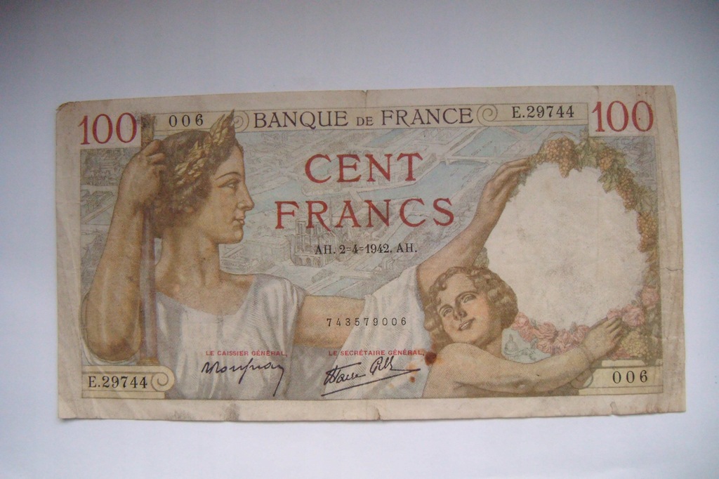 Banknot Francja 100 Franków 1942 r. seria E