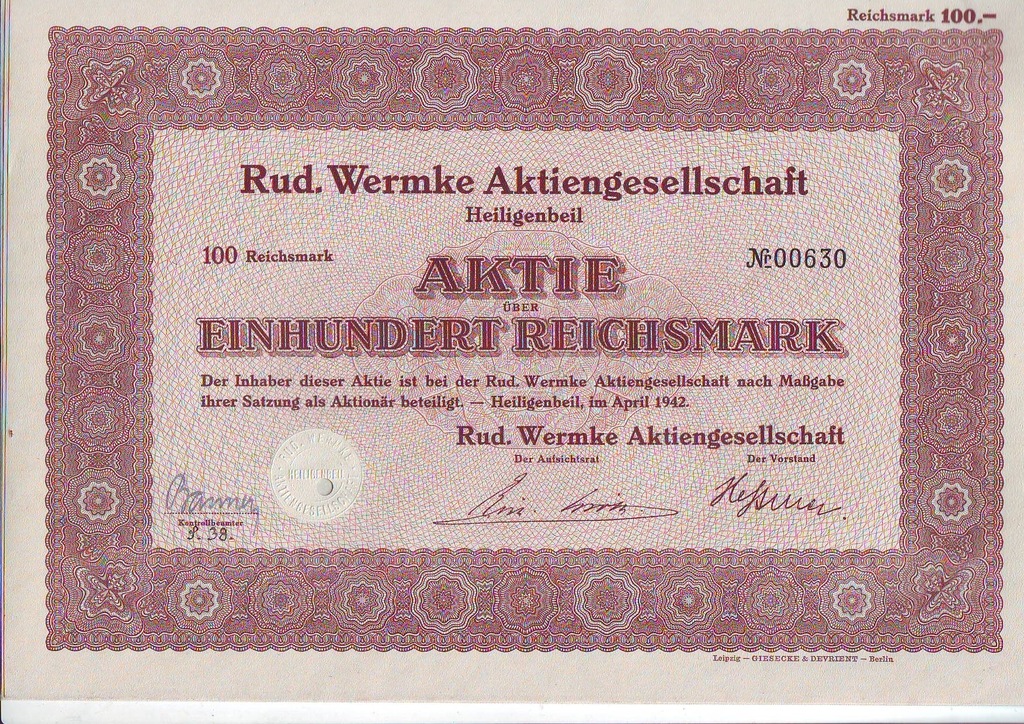 Rud. Wermke, akcja na 100 marek z 1942 r.