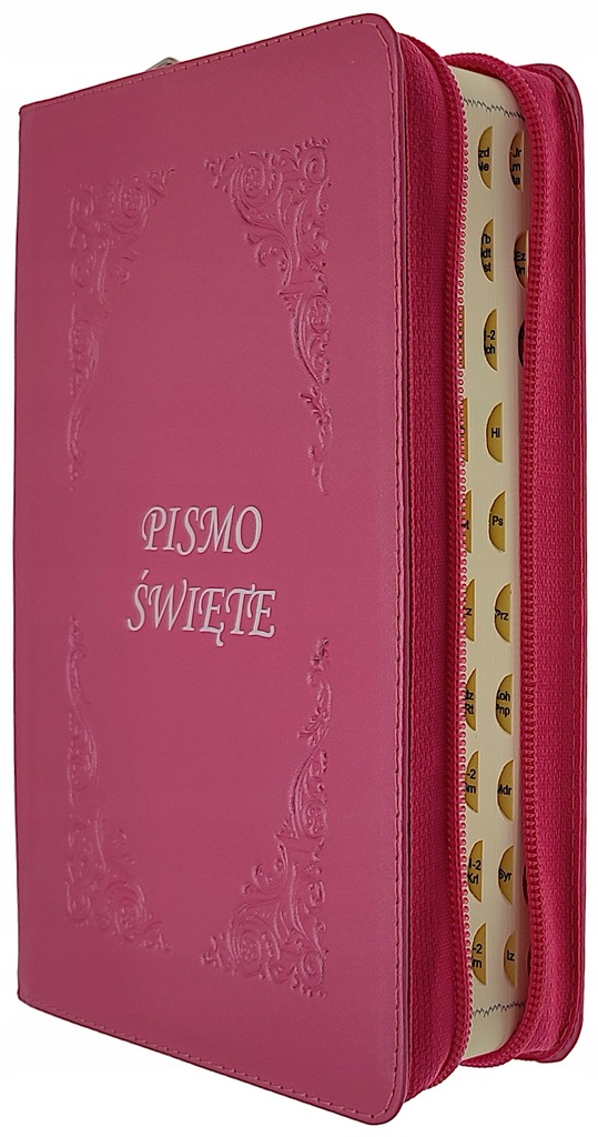 Pismo Święte z kolorową wkładką paginowane w skórzanej oprawie różowej
