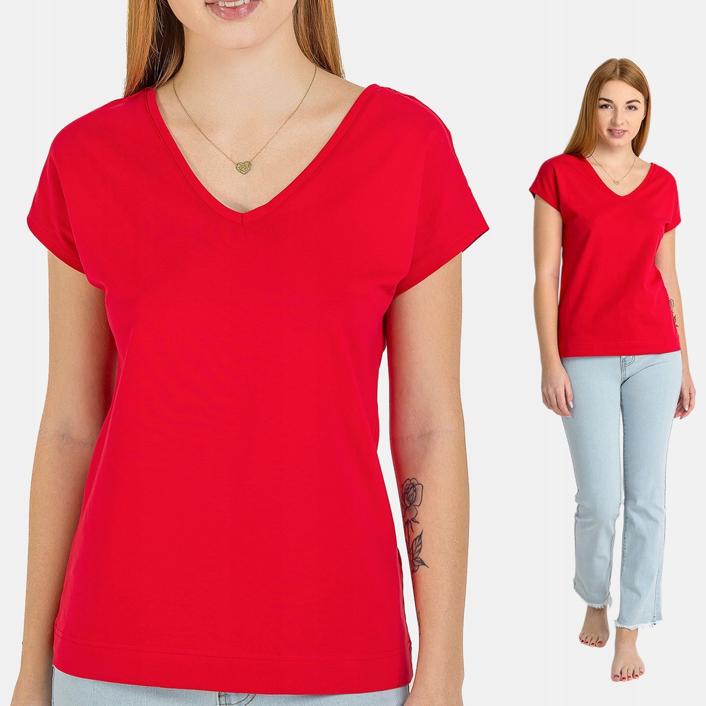 Modny T-shirt Koszulka Damska Krótki Rękaw Bawełna Czesana Dekolt Szpic L