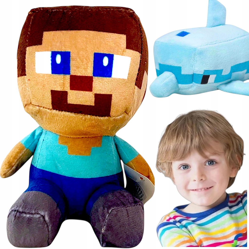 MINECRAFT ZESTAW PLUSZOWYCH MASKOTEK 2w1 JEŻDŻACY STEVE DELFIN 2 MASKOTKI