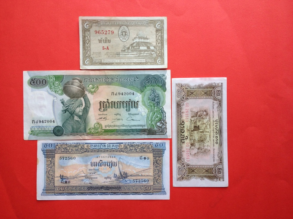 LAOS, KAMBODŻA - ZESTAW BANKNOTÓW(4)