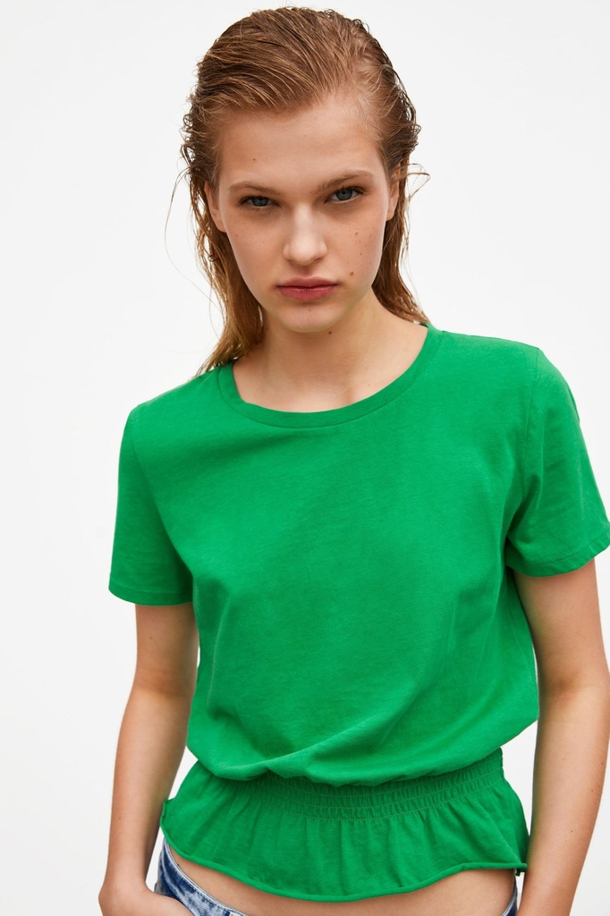 P0K091 ZARA__XXZ ZIELONY T-SHIRT FALBANKA__S