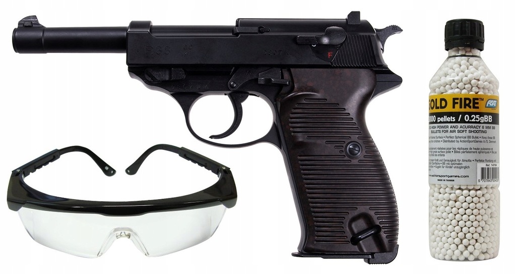 Pistolet GBB Walther P38 ZESTAW KULKI + OKULARY