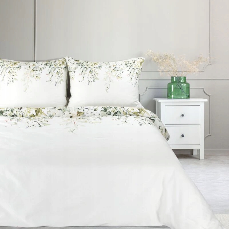 Pościel satynowa 220x200 Spring 23 biała zielona liście