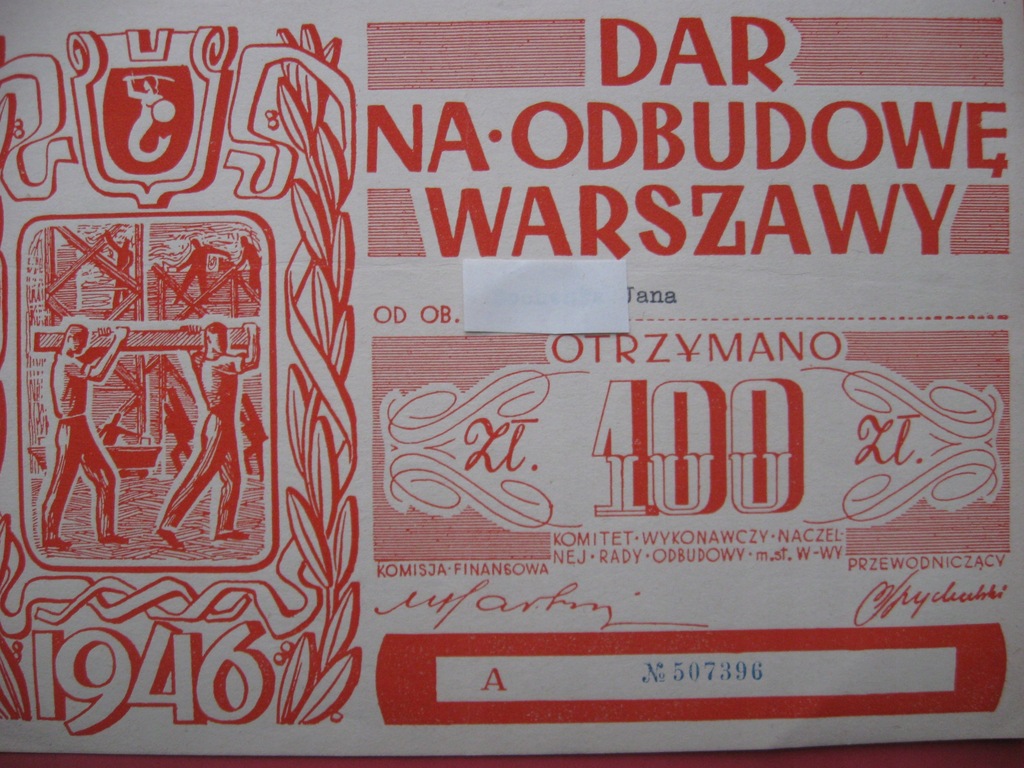 Dar na odbudowę Warszawy 100 zł rok 1946