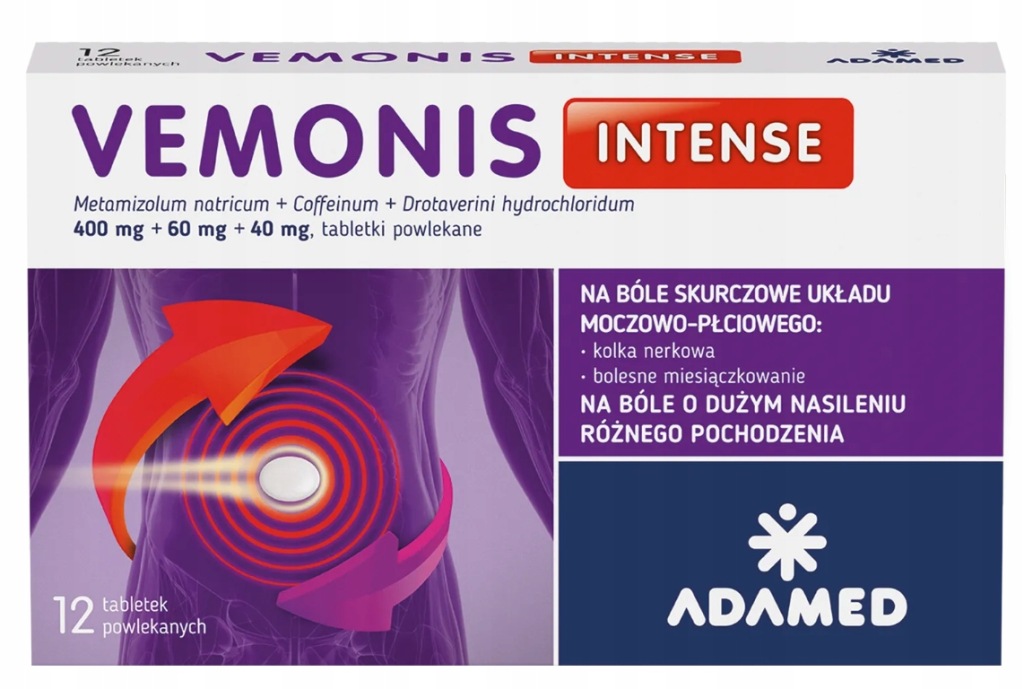 Vemonis Intense 12tabl Dla Dorosłych Silny Ból Miesiączka Kolka Rozkurczowe