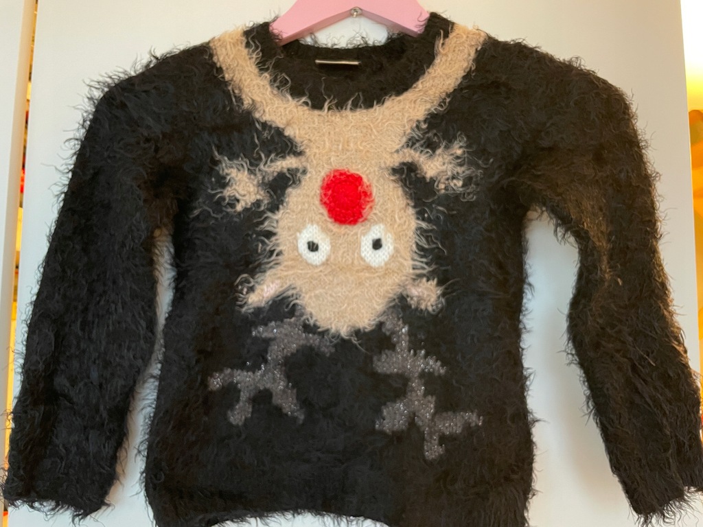 Next sweter zimowy kudłaty czarny renifer 116 6l