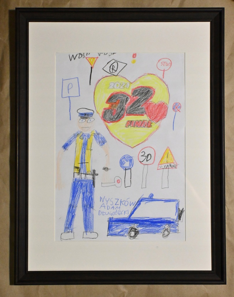 Rysunek "Policjant Damian w akcji" A4, rama 30x40 Wyszków #4312_202