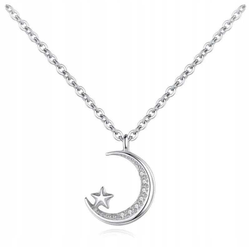 Naszyjnik łańcuszek księżyc srebrny stalowy posrebrzany gwiazdka cyrkonie