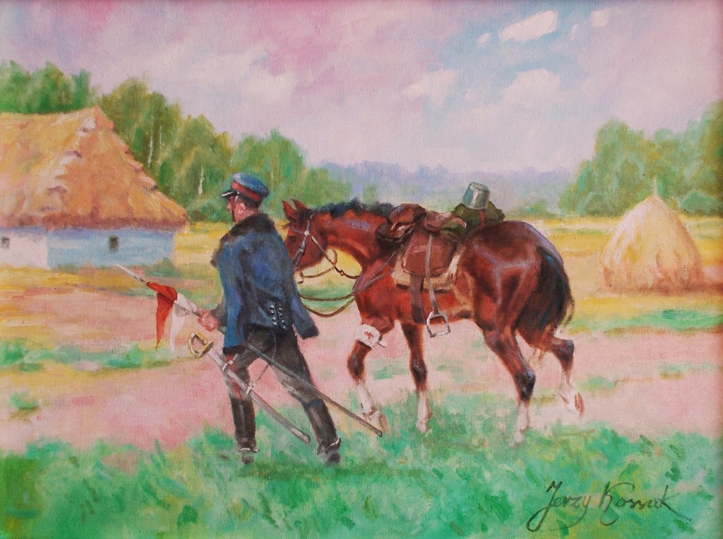 UŁAN I RANNY KOŃ-STARY OBRAZ OLEJNY JERZY KOSSAK - 8500747696