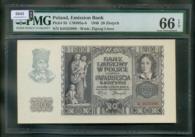 20 złotych z 1940 r. Banknot w opakowaniu firmy PMG. Wysoka nota PMG 66 EPQ