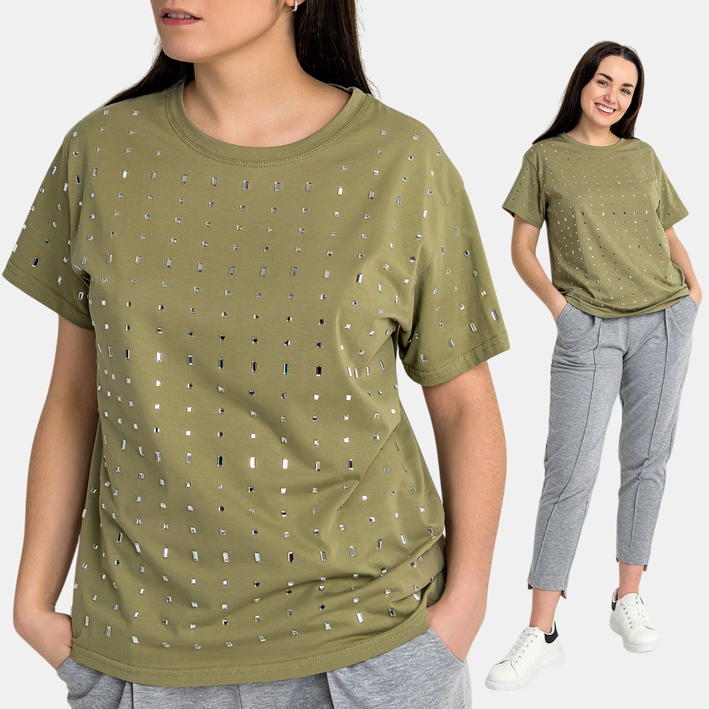 T-SHIRT KOSZULKA DAMSKA BAWEŁNIANA Z KRYSZTAŁKAMI PROSTY KRÓJ OLIWKOWA XL
