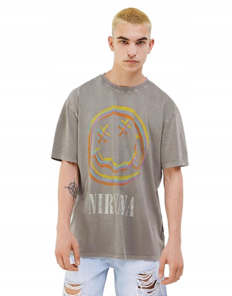 3HJ BERSHKA NB9 SZARY T-SHIRT NIRVANA PRINT__M