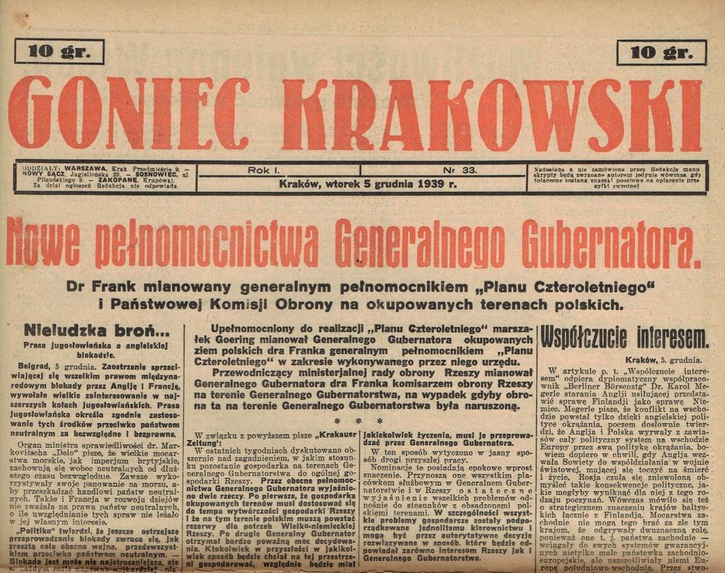 GONIEC KRAKOWSKI 5.XII. 1939 Nowe pełnomocnictwa..
