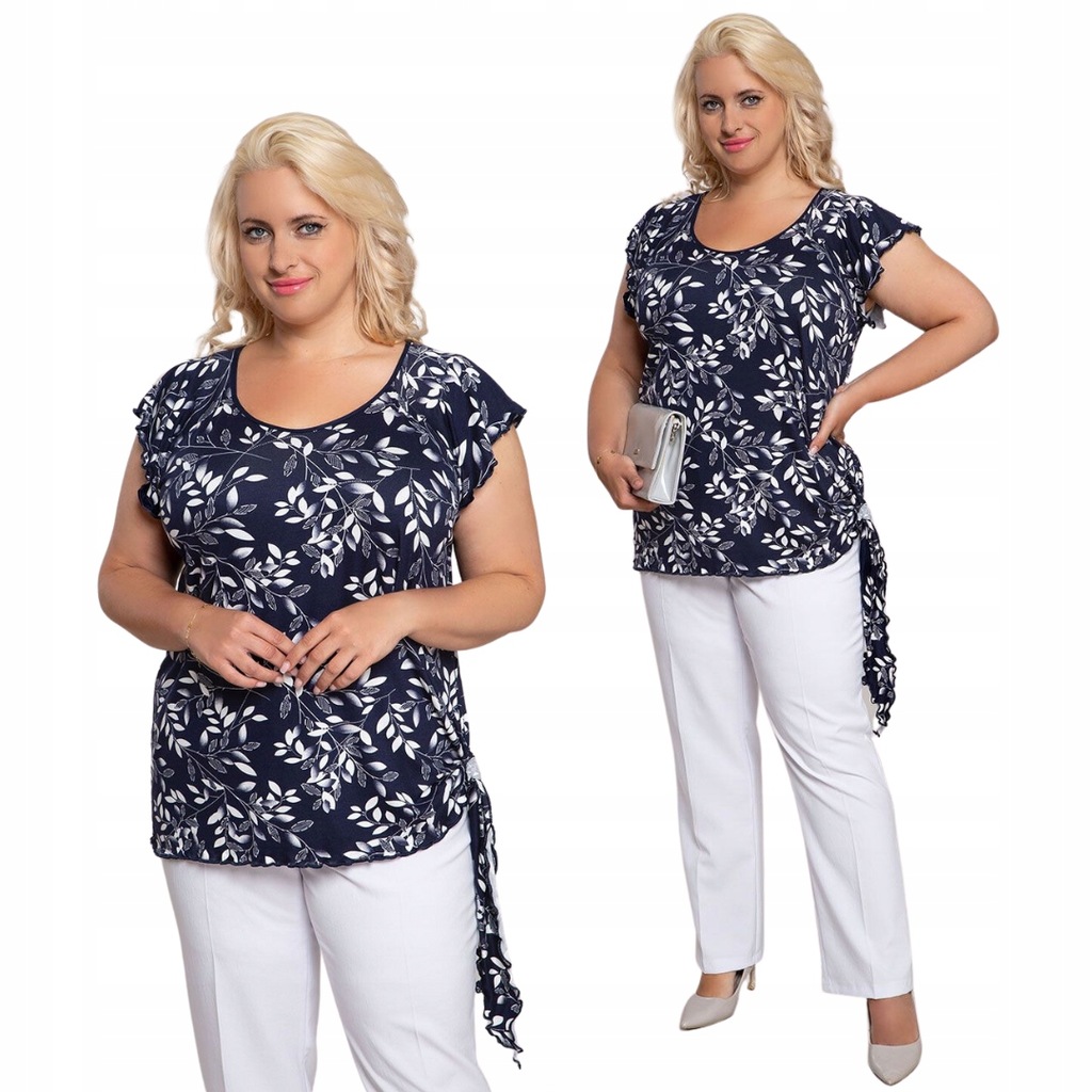 Bluzka z wiązaniem białe listki PLUS SIZE r. 56/58