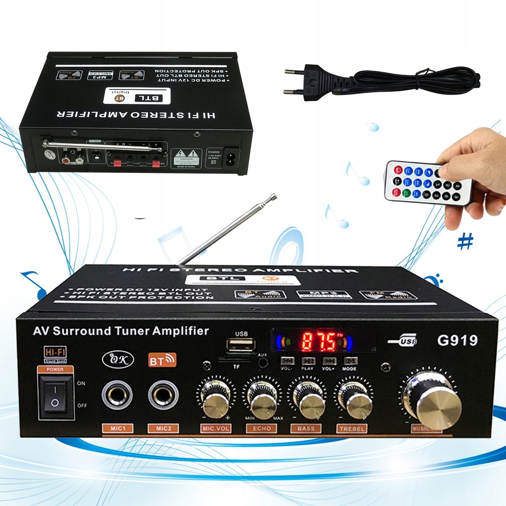 WZMACNIACZ G919 BLUETOOTH 5.0 STEREO CYFROWY HI-FI DO DOMU Z PILOTEM