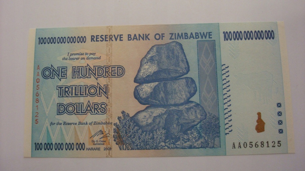 100 trylionów Dolarów 2008 Zimbabwe banknot UNC