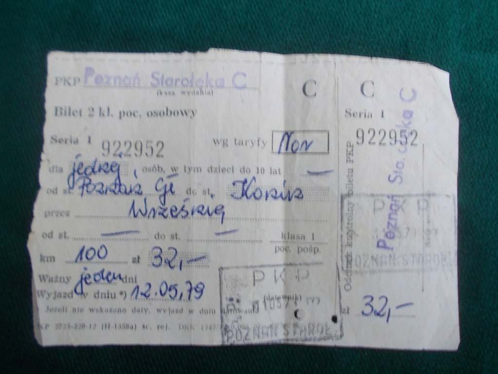 PKP BILET KOLEJOWY Poznań - Konin 1979 r.