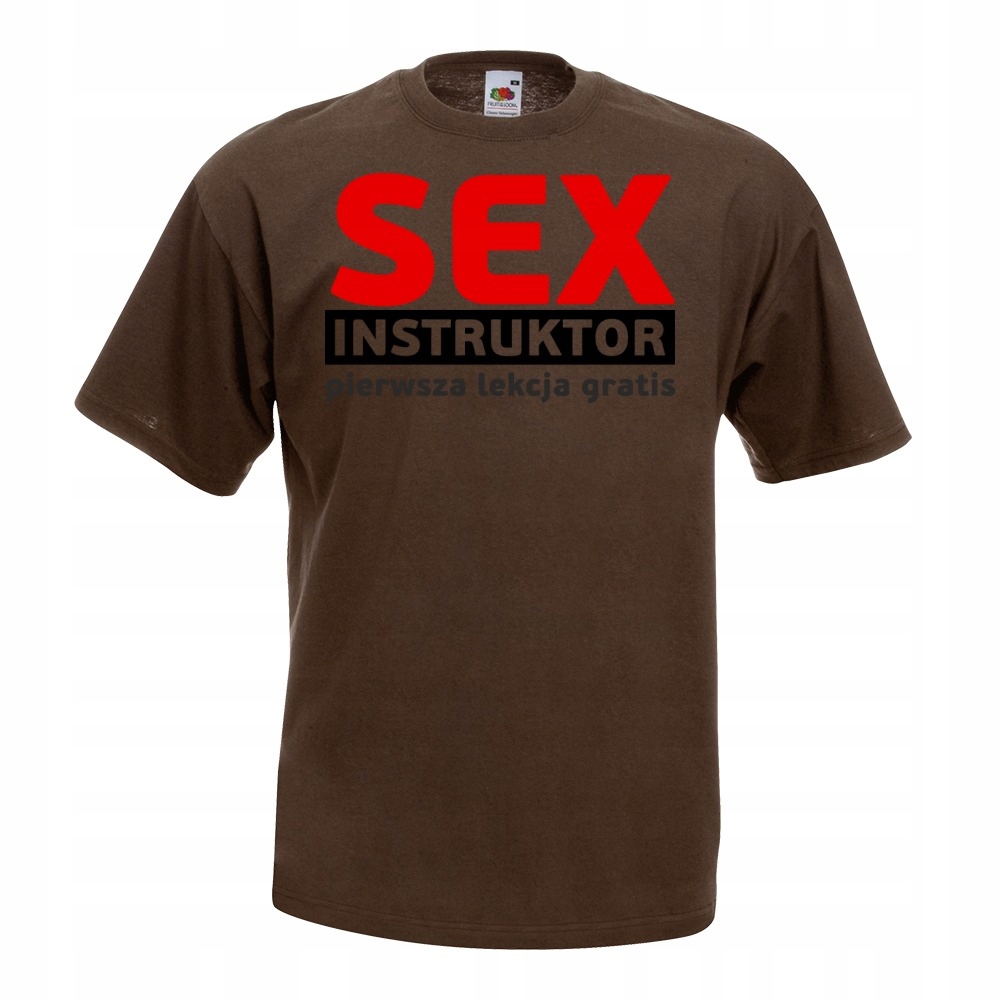 Koszulka z nadrukiem sex instruktor zabawna S brąz