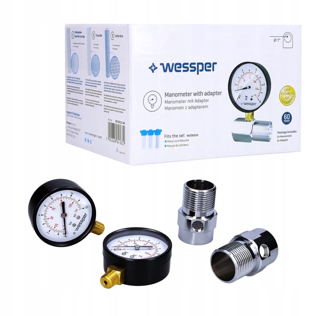Wessper 2x Manometr i 2x adapter do filtrów wody 1"