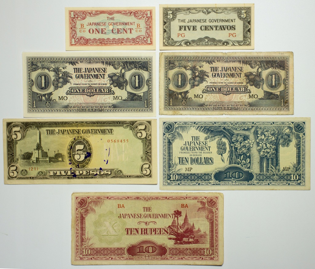 Okupacja Japońska, Zestaw banknotów, 7 sztuk