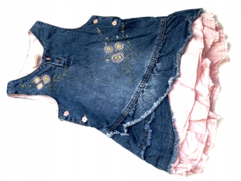 MORIS jeansowa sukienka róż falbanki kwiatki 80/86