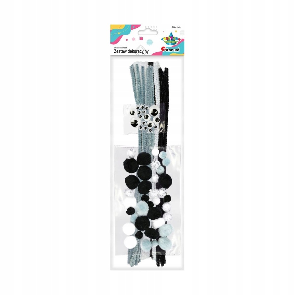 Zestaw dekoracyjny druciki pompony oczy tonacja szara Titanum